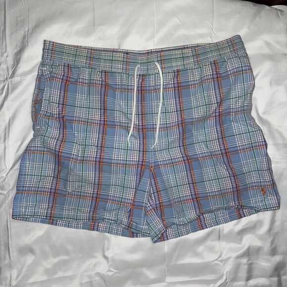 Polo Ralph Lauren Swim Shorts Blue Purple Plaid Mesh Lined Mens Size Large - Picture 1 of 6
